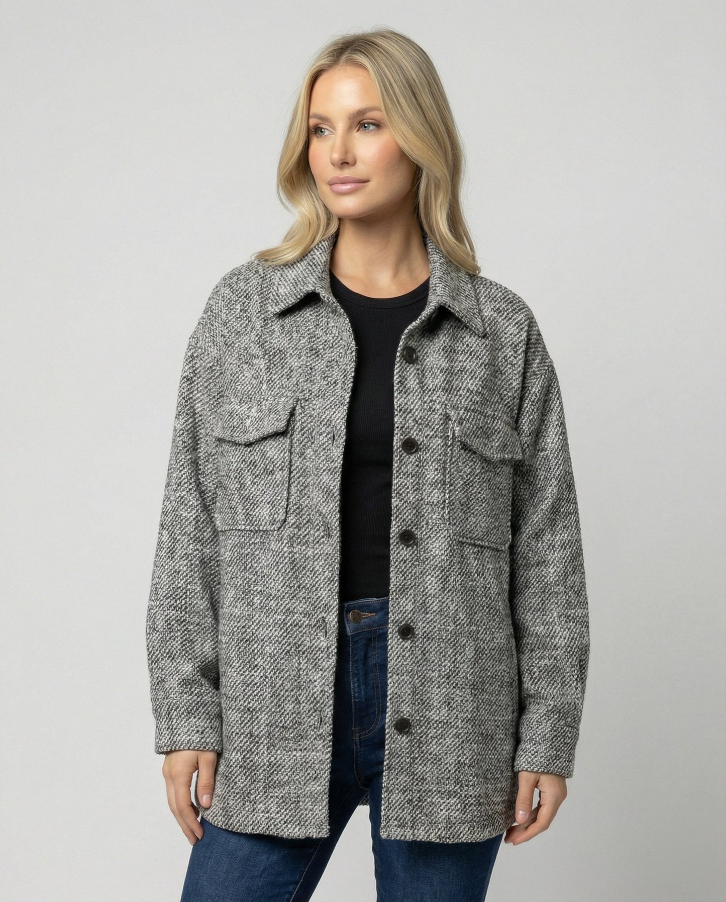 Damen Übergangsjacke Weite Hemdjacke Strukturstoff Ballonärmel - BerlinGlamour