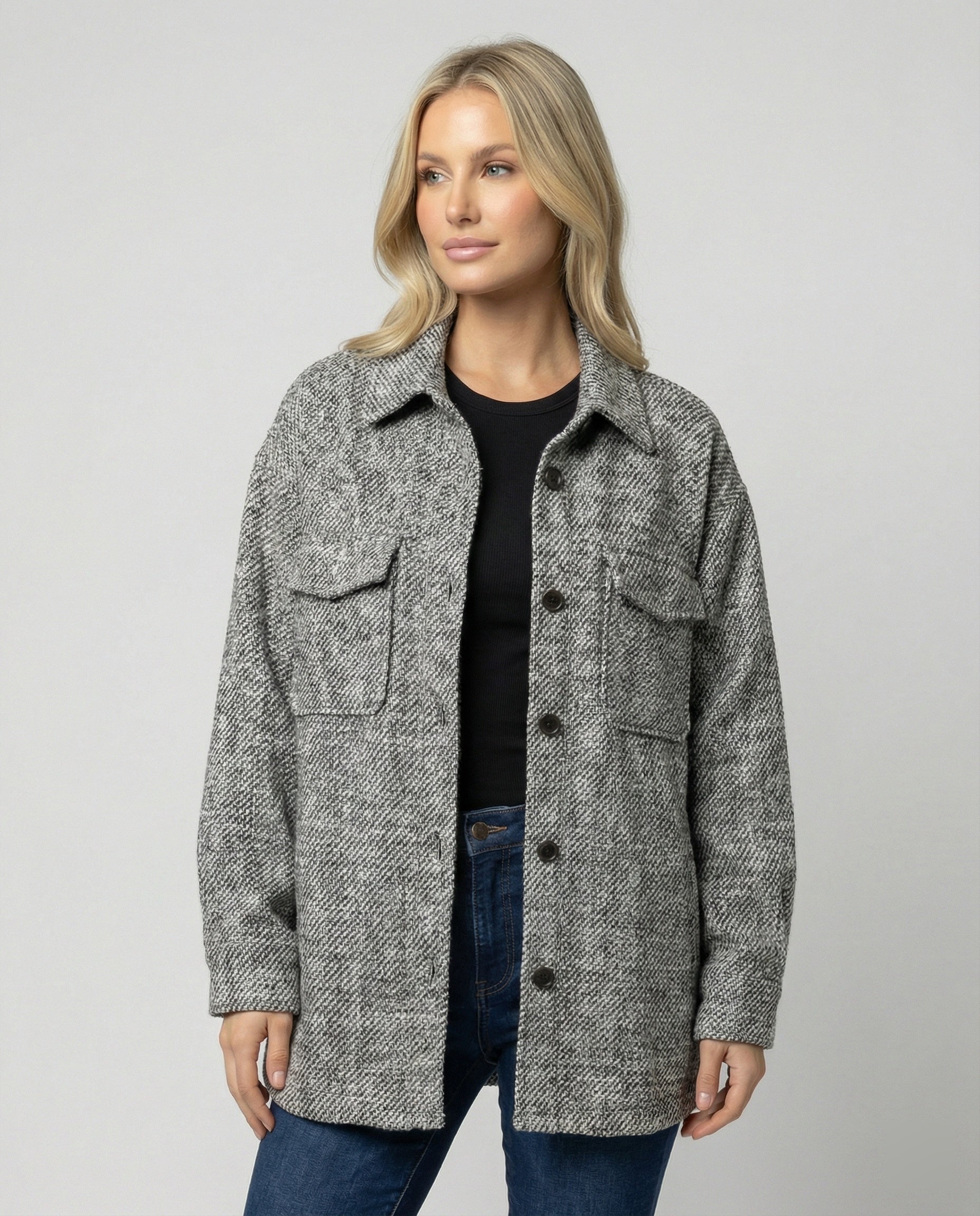 Damen Übergangsjacke Weite Hemdjacke Strukturstoff Ballonärmel - BerlinGlamour
