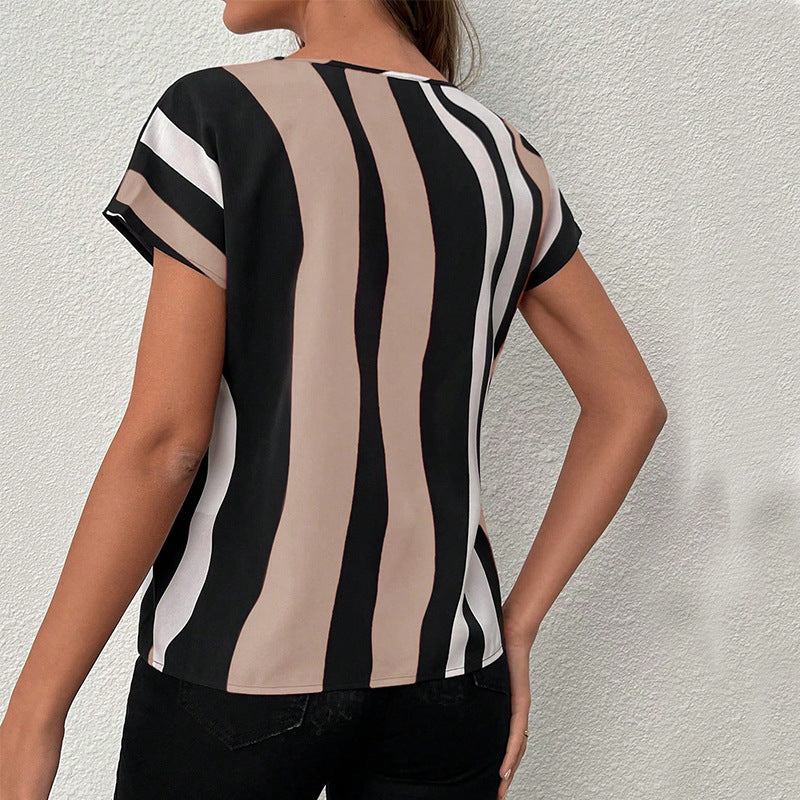 Damen Kurzarmshirt V-Ausschnitt Streifenmuster Modern