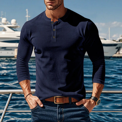 Herren Langarmshirt Stehkragen Knopfleiste Modern Berlin Style