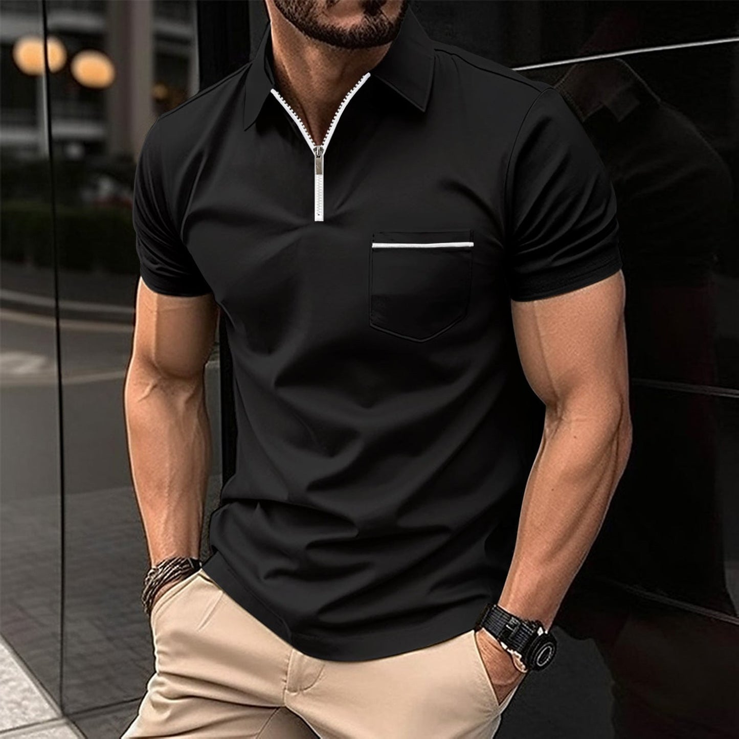 Herren Poloshirt Kurzarm mit Reißverschluss und Brusttasche Modern