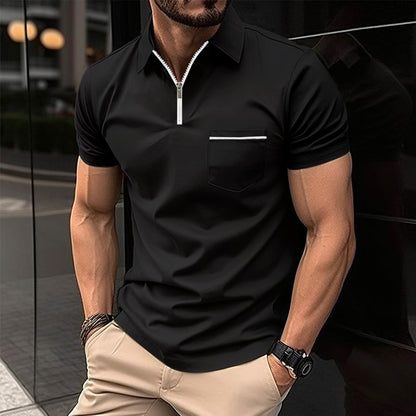 Herren Poloshirt Kurzarm mit Reißverschluss und Brusttasche Modern