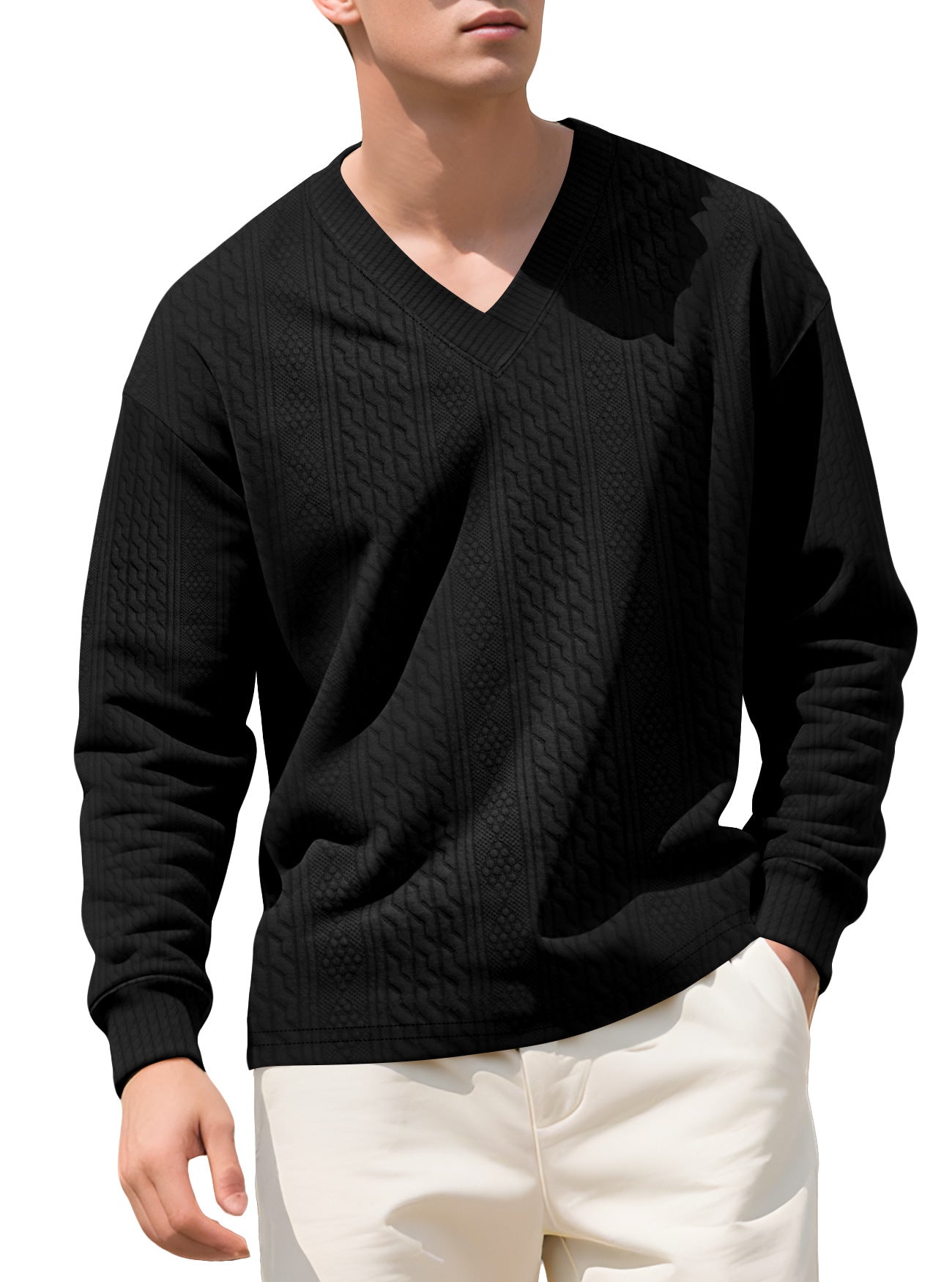 Herren Pullover Strick V-Ausschnitt Struktur Optik
