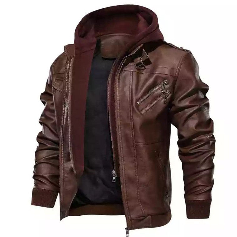 Lederjacke Herren Vintage Style abnehmbare Kapuze