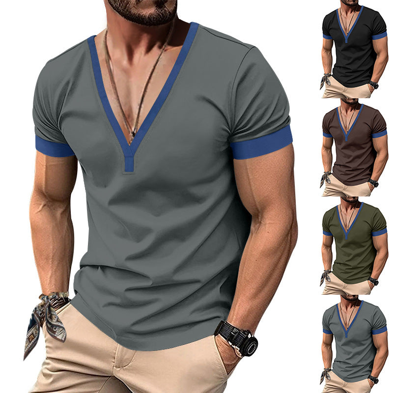 Herren T-Shirt V-Ausschnitt Atmungsaktiv Kontrast Ärmel - BerlinGlamour