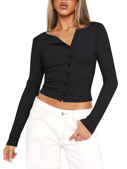 Damen Langarmshirt Figurbetont V-Ausschnitt Elegant