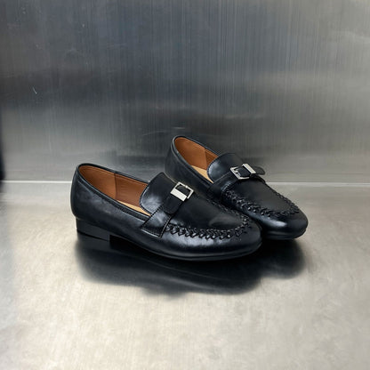 Damen Mokassins Leder Elegant Schnalle Schwarz