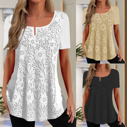 Damen Bluse Spitze Kurzarm Floral Elegant - BerlinGlamour