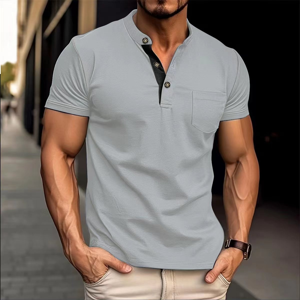 Herren Polo-Shirt Modern Stehkragen Knöpfe Elegant