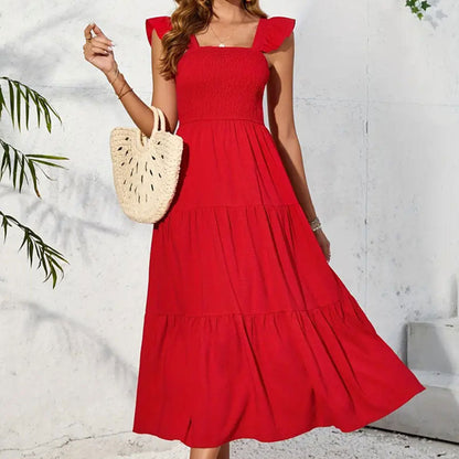 Damen Maxikleid Sommerlich Rüschenkleid Elegant Lang