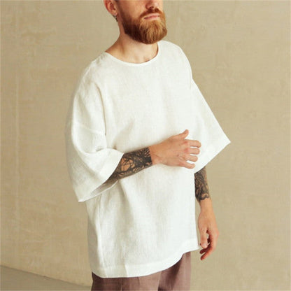 Herren Leinen T-Shirt Übergroß Relaxed Fit Sommer