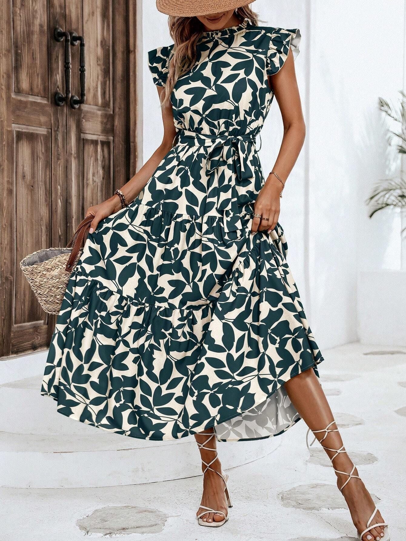Damen Kleid Midi Lässig mit Rüschen Floral Modern
