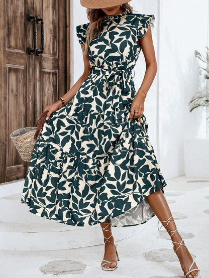 Damen Kleid Midi Lässig mit Rüschen Floral Modern
