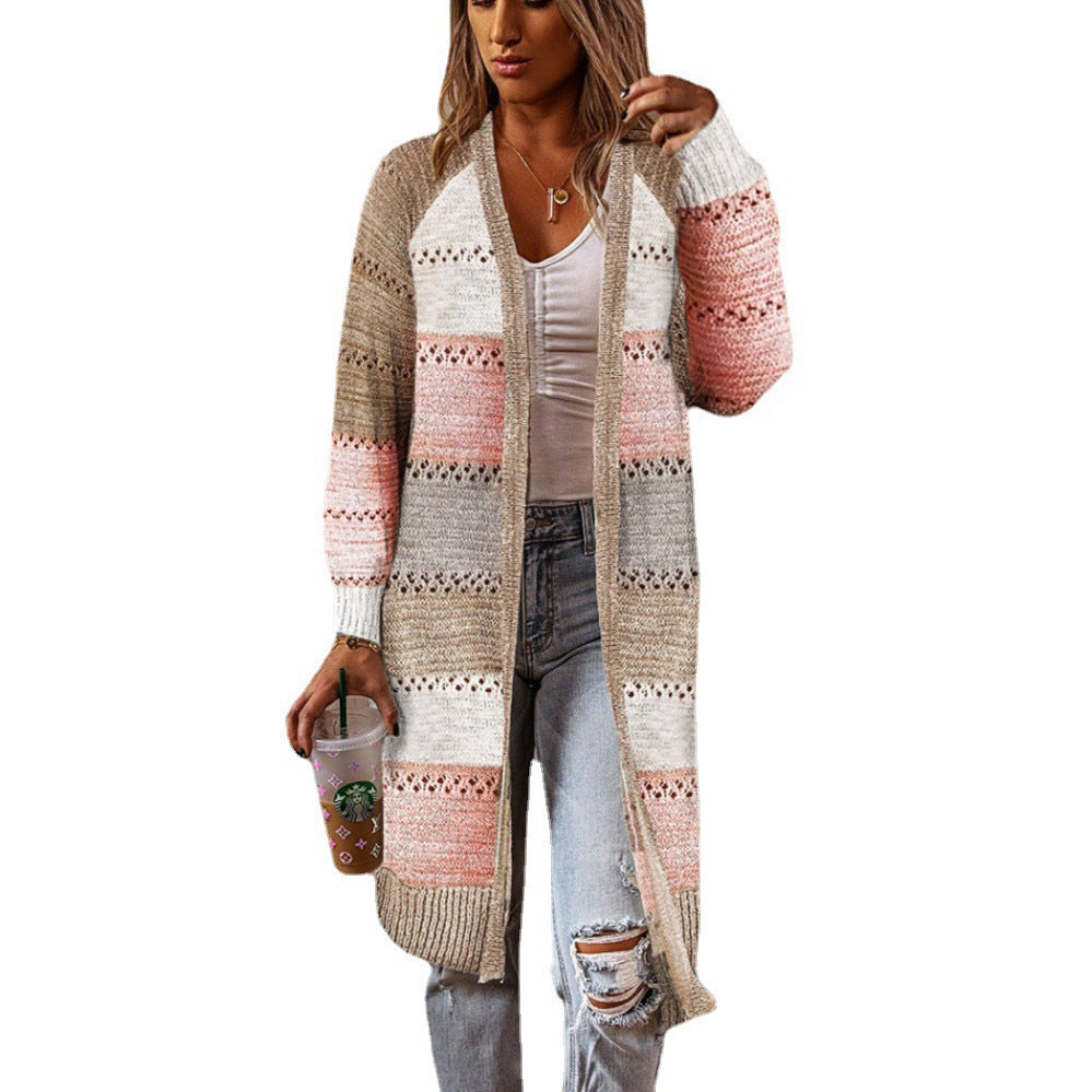 Damen Strickjacke Lang Modisch Streifenmuster Offen