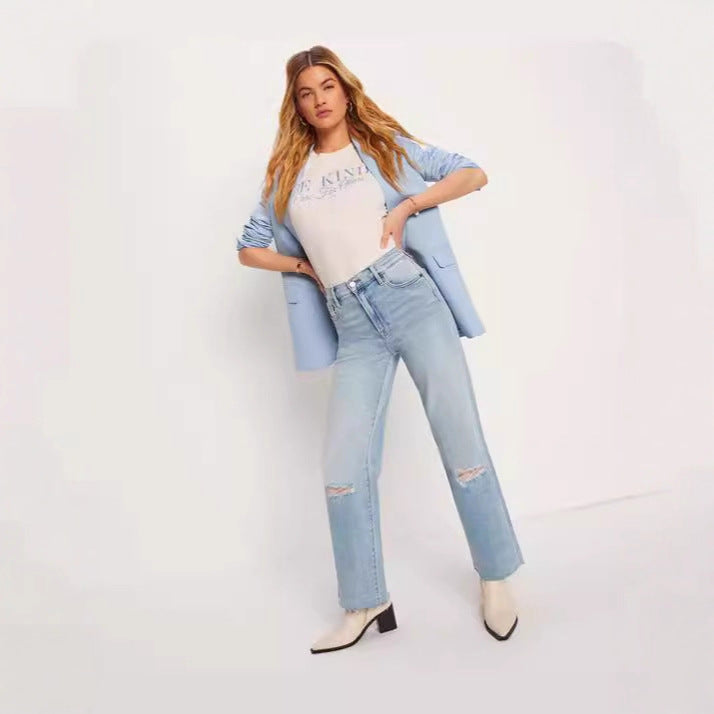 Damen High-Waist Jeans Destroyed Optik Weite Bein - BerlinGlamour