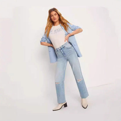 Damen High-Waist Jeans Destroyed Optik Weite Bein - BerlinGlamour