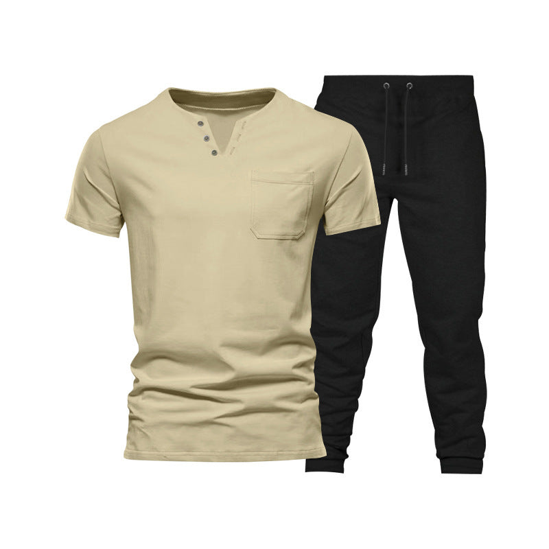 Herren Henley Set Kurzarm mit Brusttasche und Jogginghose Bequem