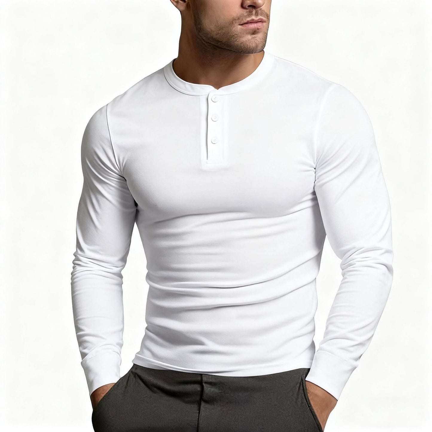 Herren Langarmshirt Klassisch Slim Fit Knopfleiste