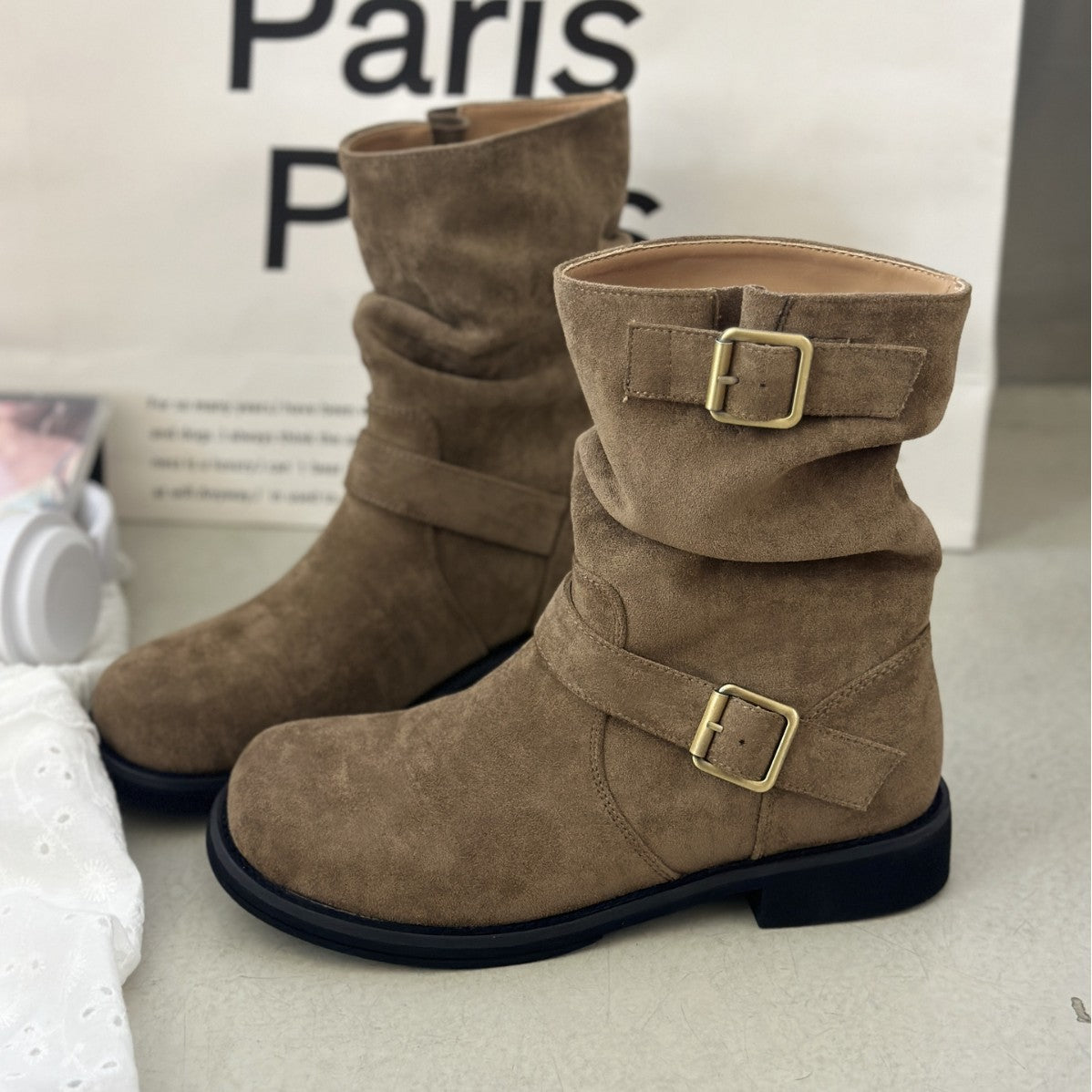 Damen Stiefel Elegant Riemen Braun Lederoptik