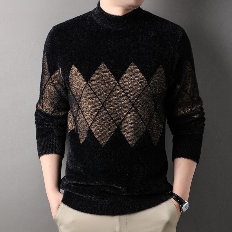 Herren Rollkragenpullover Modern Rautenmuster Elegent Schwarz - BerlinGlamour