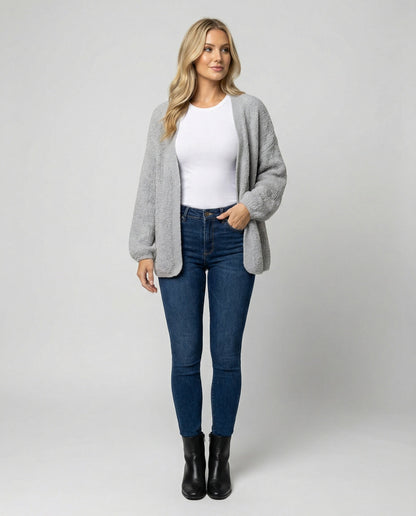 Damen Cardigan Offen mit Ballonärmeln Großzügig Elegant