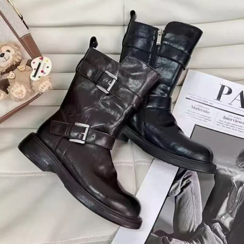 Damen Stiefel Schnürstiefel mit Schnallen Design Robust