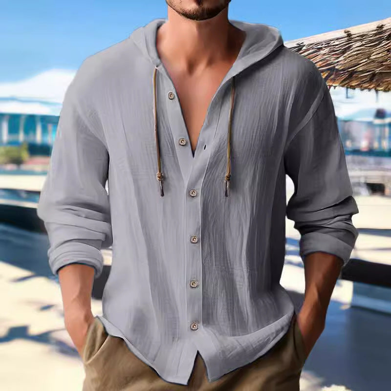 Herren Hoodie Hemd Kapuze Knopfleiste Casual