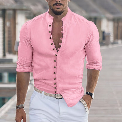 Herren Langarmhemd Modern mit Knopfleiste Stehkragen