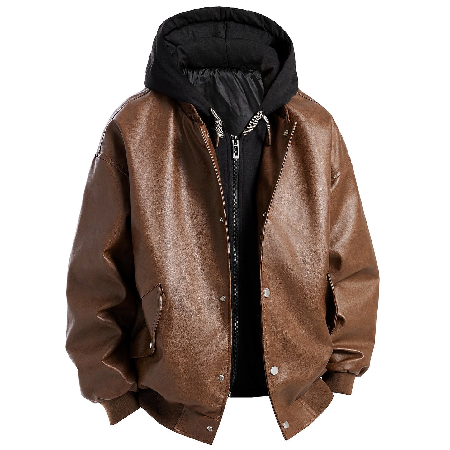 Herren Lederjacke Oversized Kapuze Abnehmbar Modern