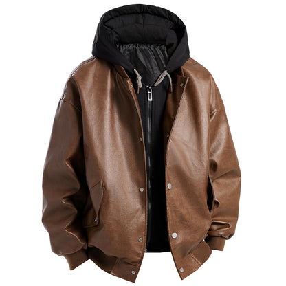 Herren Lederjacke Oversized Kapuze Abnehmbar Modern
