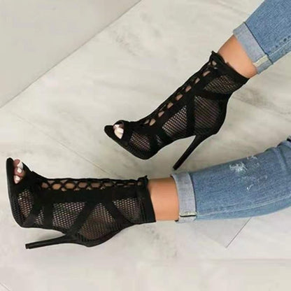 Damen Ankle Boots Peeptoe Netzdesign Blockabsatz Hochhackig