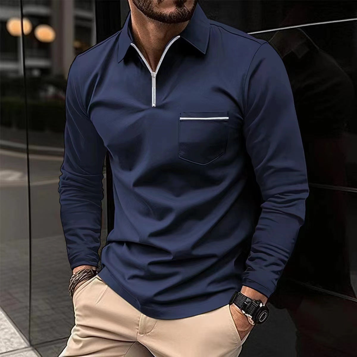 Herren Langarmshirt Reißverschluss Brusttasche Modern