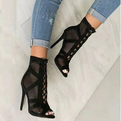 Damen Ankle Boots Peeptoe Netzdesign Blockabsatz Hochhackig