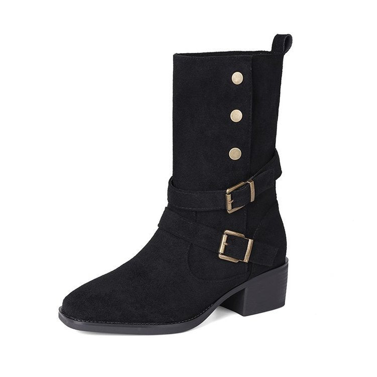 Damen Stiefel Schnällen Design Bequem Blockabsatz