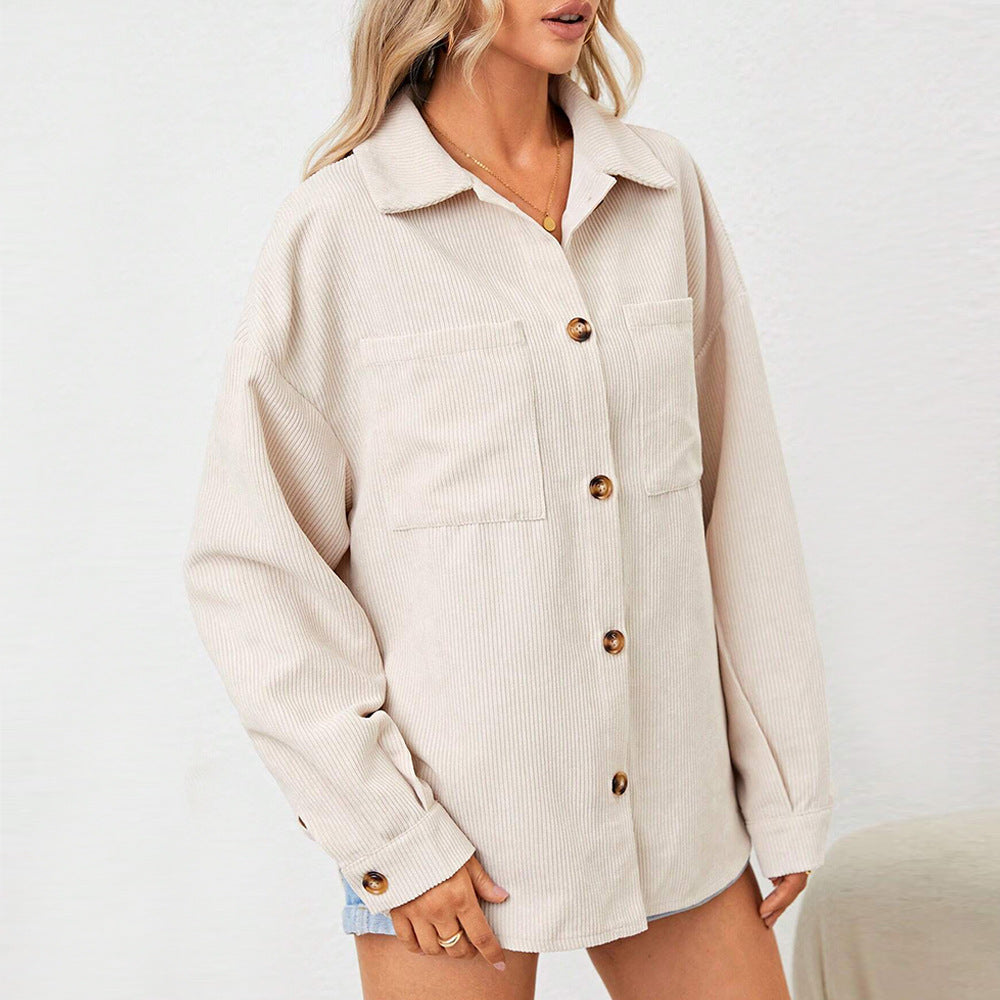 Damen Cordjacke Oversize Lässig Knöpfbär