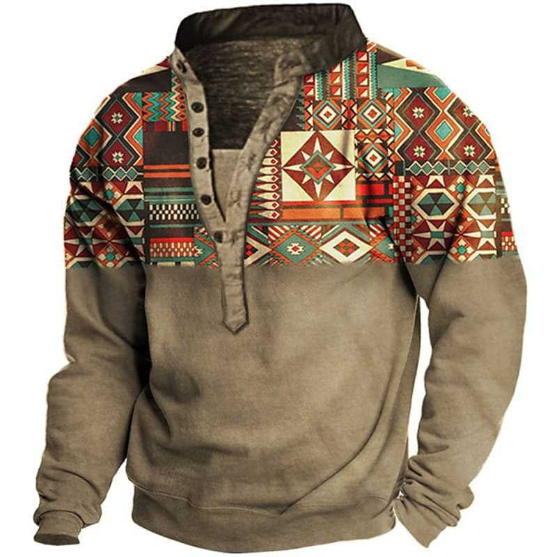 Herren Fleece Pullover Ethno Muster Knopf Detail Modern