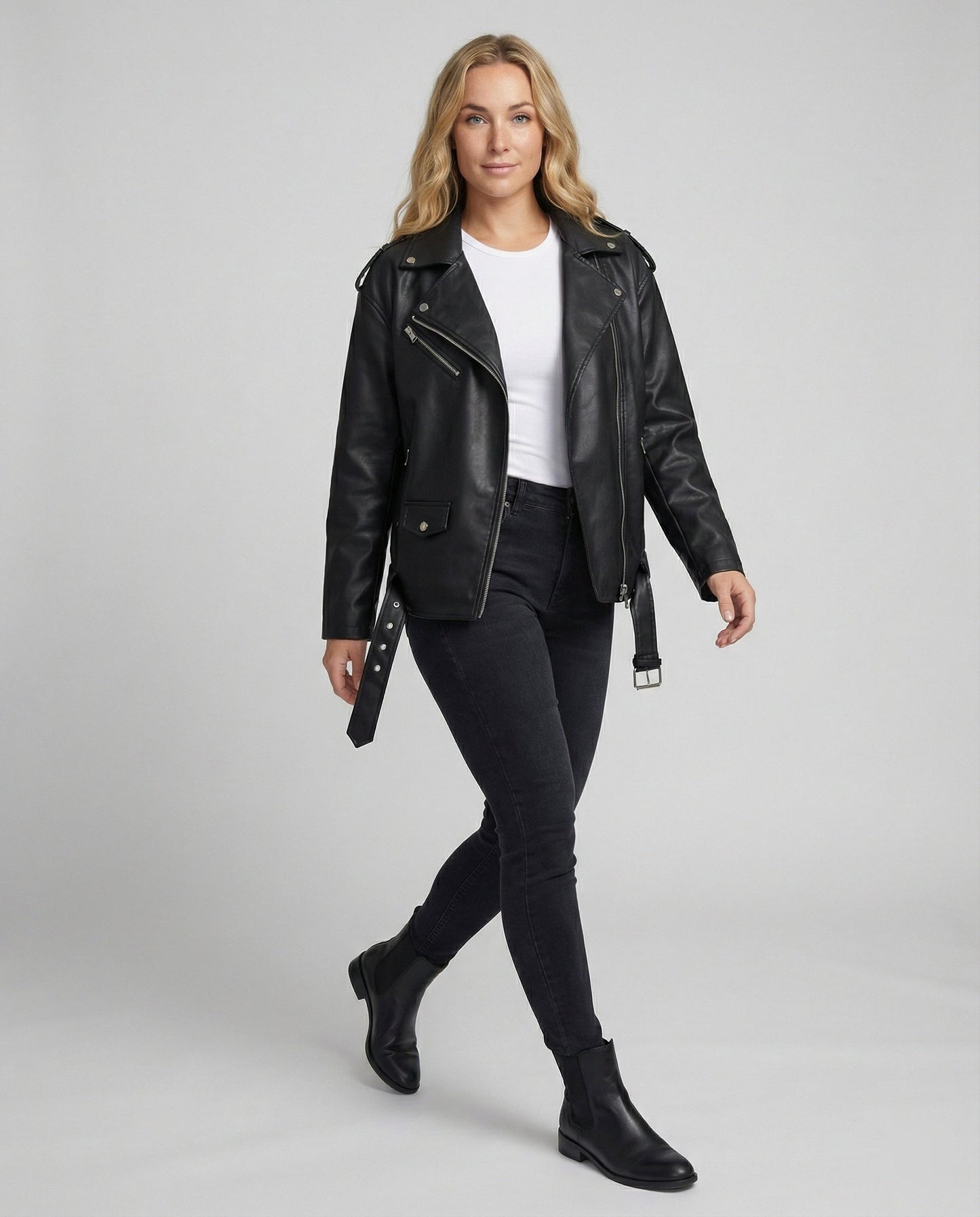 Damen Bikerjacke Lederoptik Schwarze Lederjacke