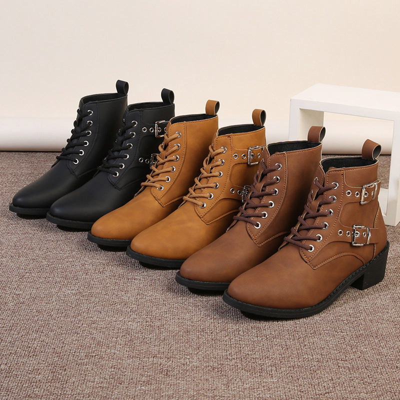 Damen Stiefeletten Schnürstiefeletten Robust Mit Schnallen Schwarz