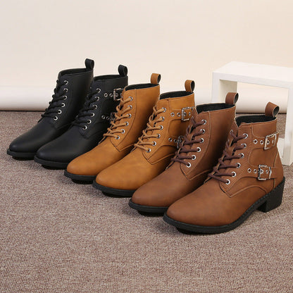 Damen Stiefeletten Schnürstiefeletten Robust Mit Schnallen Schwarz