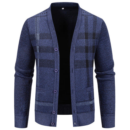 Herren Strickjacke Modisch Karomuster Mit Taschen