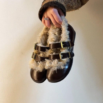 Damen Clogs Kuschelig Kunstfell Schnallen Modisch