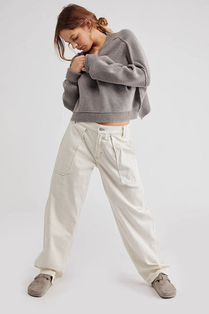Damen Jeans Weite Bequem mit Gürtel und Taschen