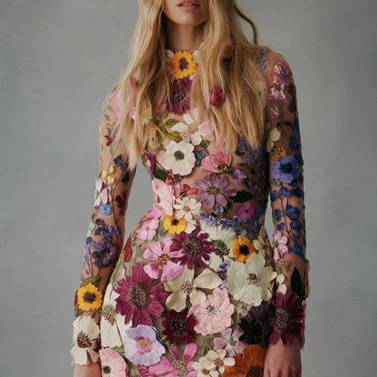 Damen Minikleid Blumenmuster Durchsichtig Ärmel Sommerkleid