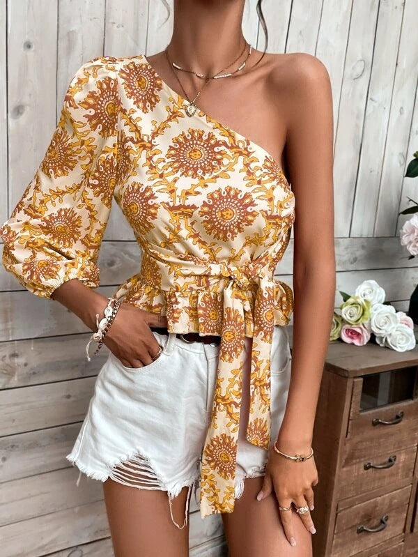 Damen Oberteil Asymmetrisch Voluminöser Ärmel Modern