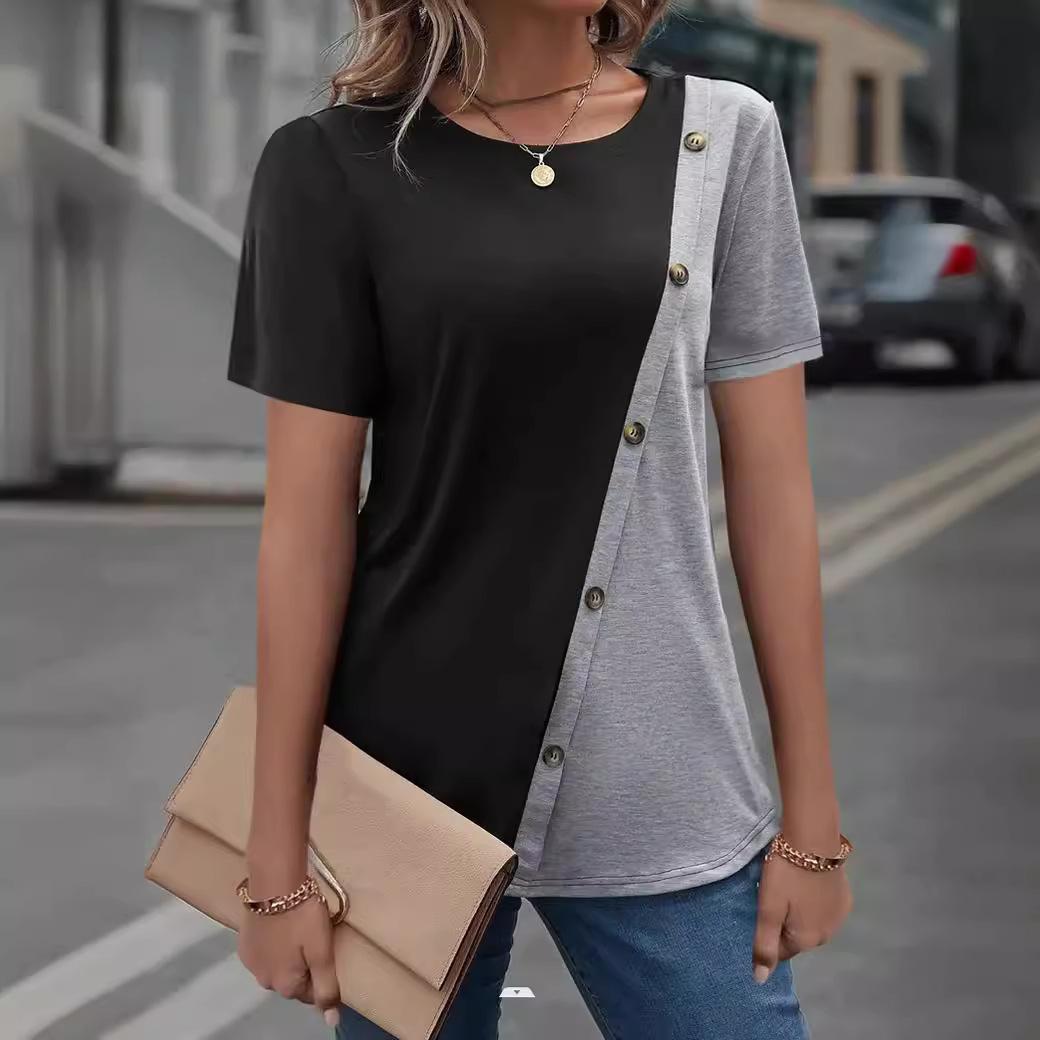 Damen T-Shirt Kurzarm Asymmetrisch Knöpfe Trendig - BerlinGlamour