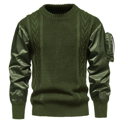 Herren Grobstrickpullover Modern mit Lederärmeln Schwarz