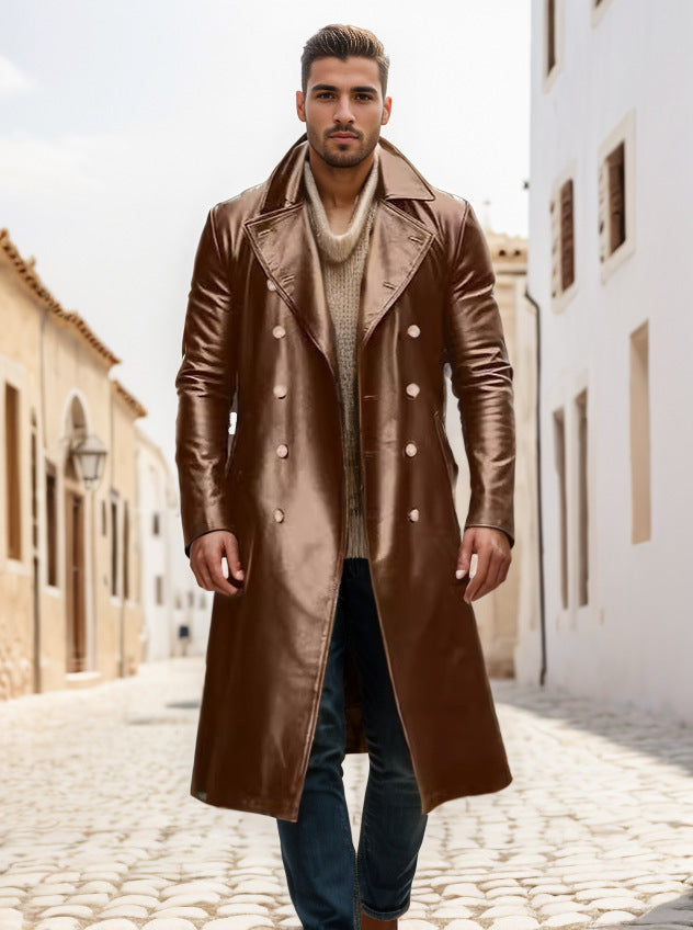 Herren Leder-Trenchcoat Elegant Moderner Schnitt