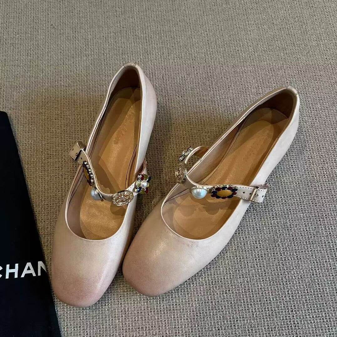 Damen Ballerinas Elegant Luxus Schmuck Riemenverschluss