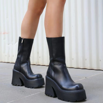Damen Plateau-Stiefel Hoch Blockabsatz Reißverschluss Schwarz