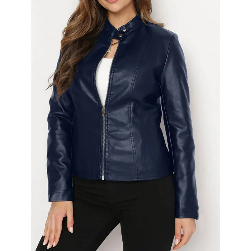 Lederjacke Damen Stehkragen Asymmetrisch Schwarz